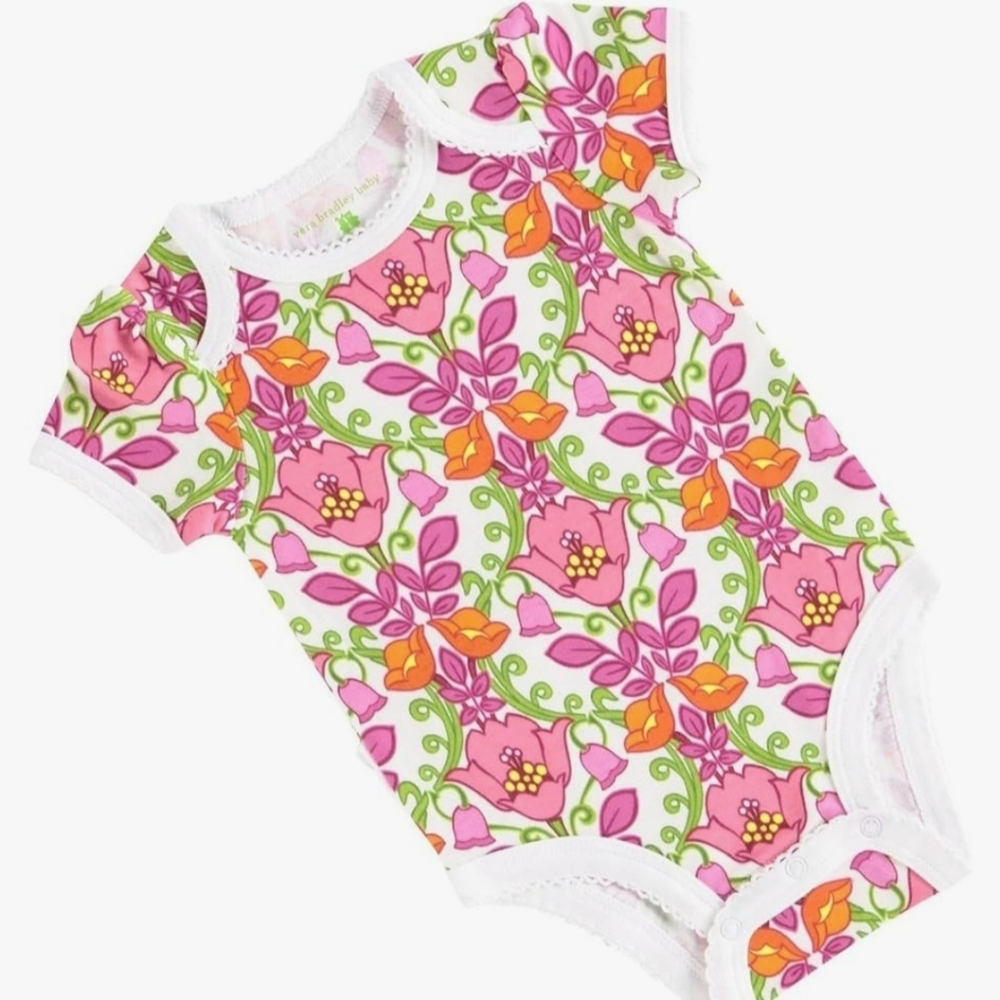 Vera Bradley Lilli Belle Print Ruffle Bodysuit Size 0-3 Month Pink Orange Green
